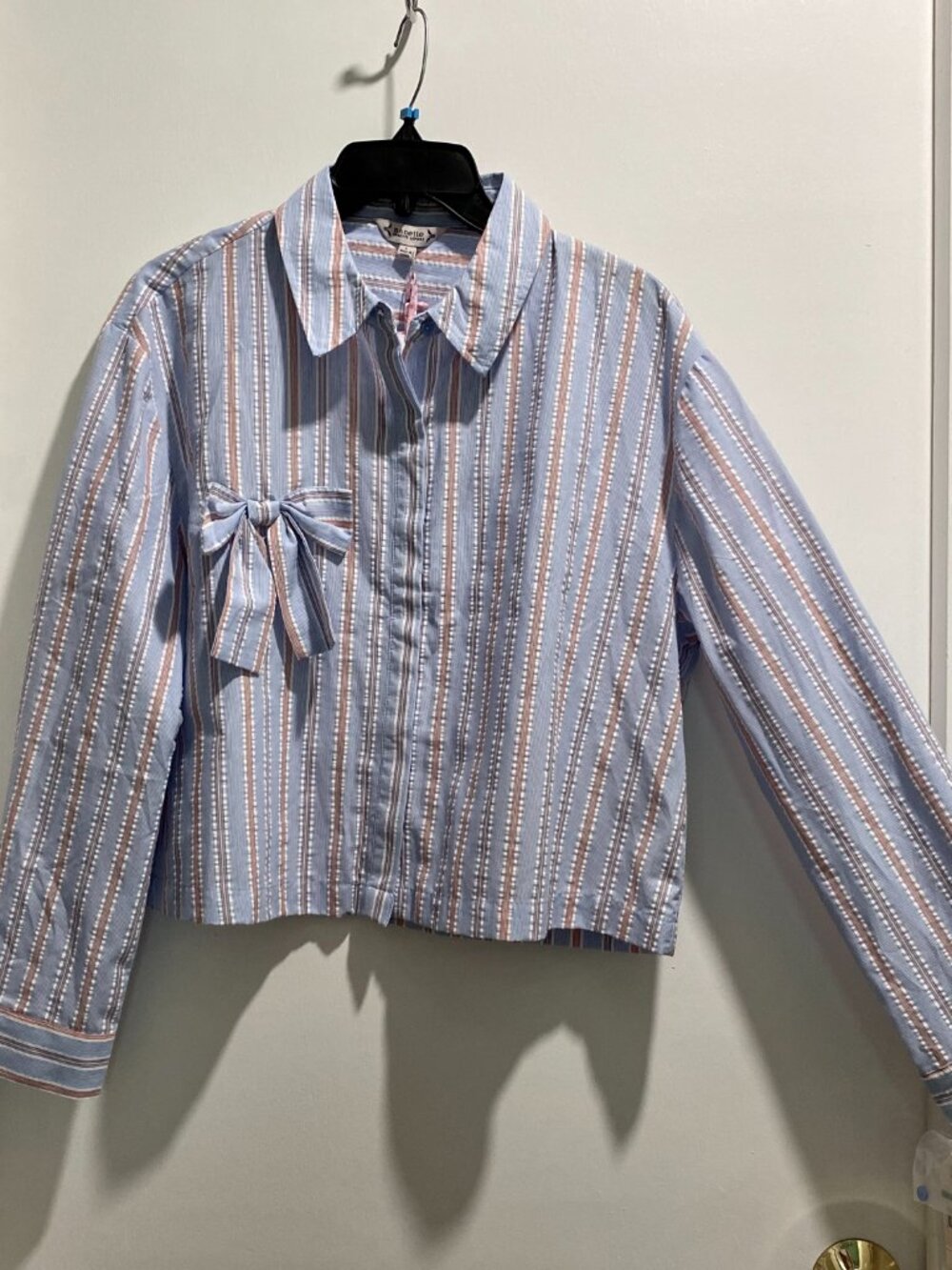 Nanette Lepore Striped Poplin Button Up Boxy Crop Relaxed Shirt Bow Career L